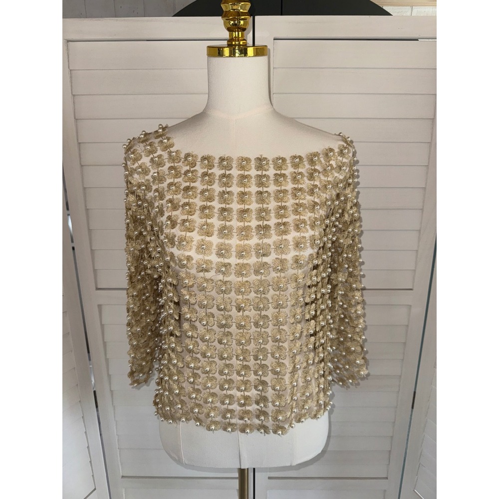 Vintage 1960's Hand-Beaded Faux Pearl and Gold Metallic Floral Top Size M/L - Picture 2 of 6